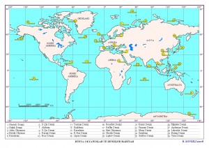 Dünya Dilsiz Haritası Üzerindeki Okyanuslar ve Denizler