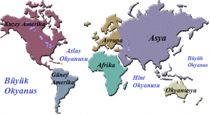 Dünya Dilsiz Haritası Üzerindeki Okyanuslar ve Kıtalar