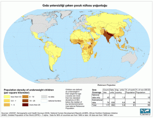 Dünyada Gıda Yetersizliği Çeken Çocuk Nüfusu Yoğunluğunu Gösteren Harita